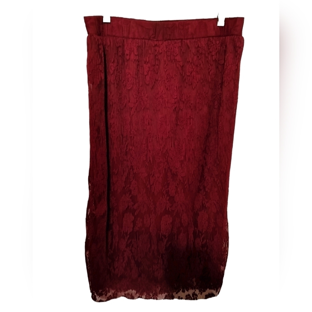 SK 118) Ember Maroon Tule Floral Print Pleated Pullon Midi Skirts Size Large